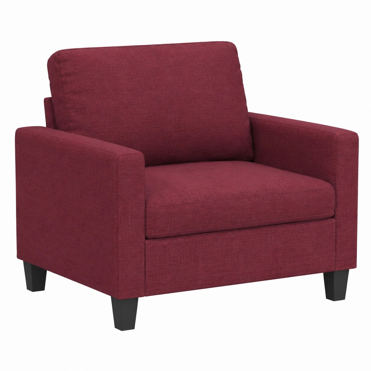Elegante 3-teilige Sofagarnitur in Weinrot mit Kissen, Einzelsessel, Zweisitzer und Dreisitzer im modernen Design aus robustem Stoff