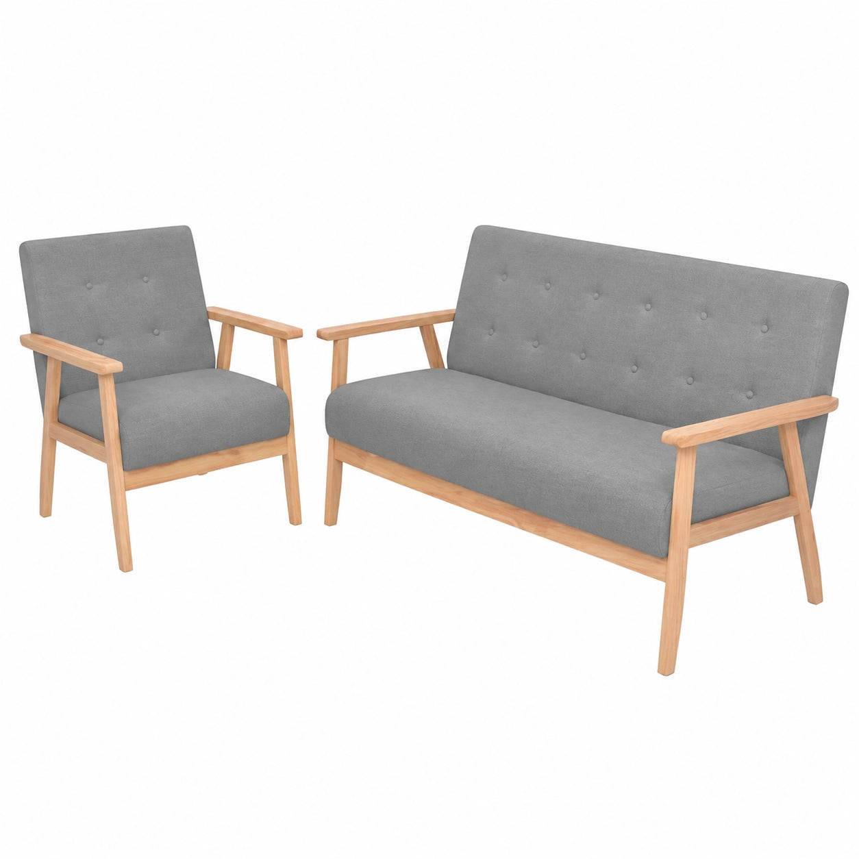 Skandinavisches 2-teiliges Sofa-Set in Hellgrau mit Massivholzrahmen