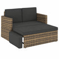 Wetterfeste 2-Sitzer Rattan-Sofagarnitur mit Hocker, klappbare Schlafcouch für Garten und Balkon