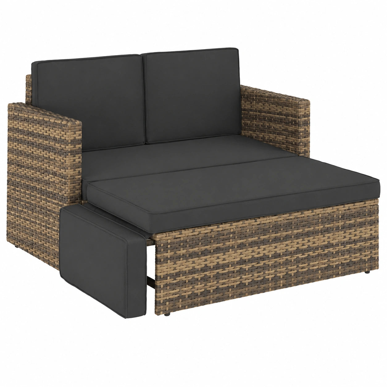 Wetterfeste 2-Sitzer Rattan-Sofagarnitur mit Hocker, klappbare Schlafcouch für Garten und Balkon