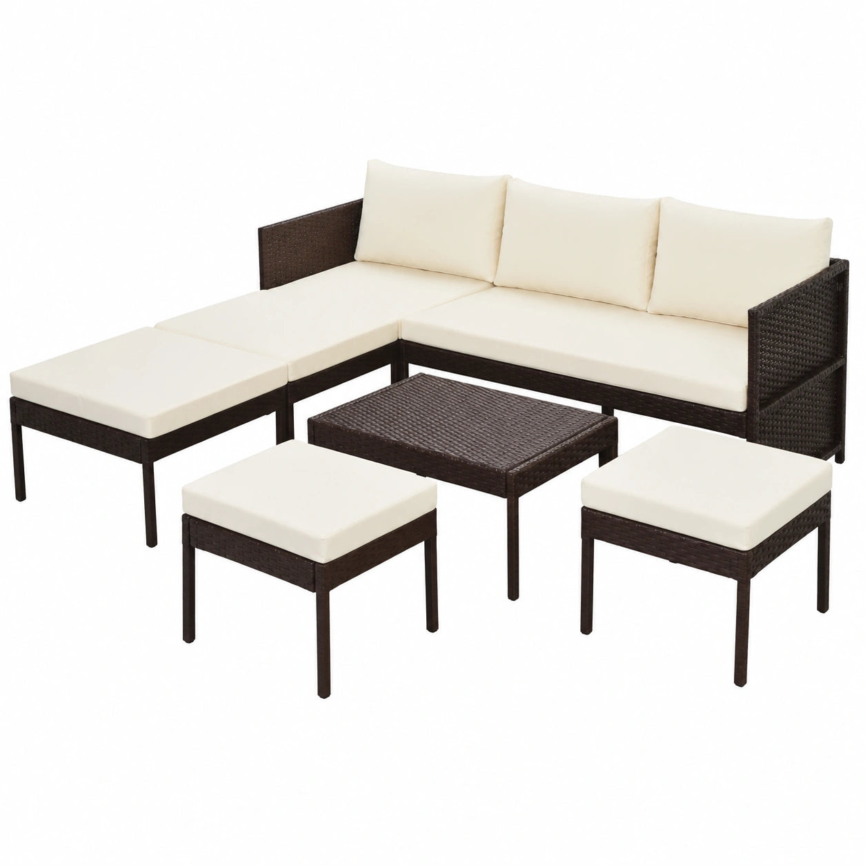 Gecheer Rattan Gartensofa Set mit Kissen - 3-Sitzer, Couchtisch, Große und Kleine Hocker