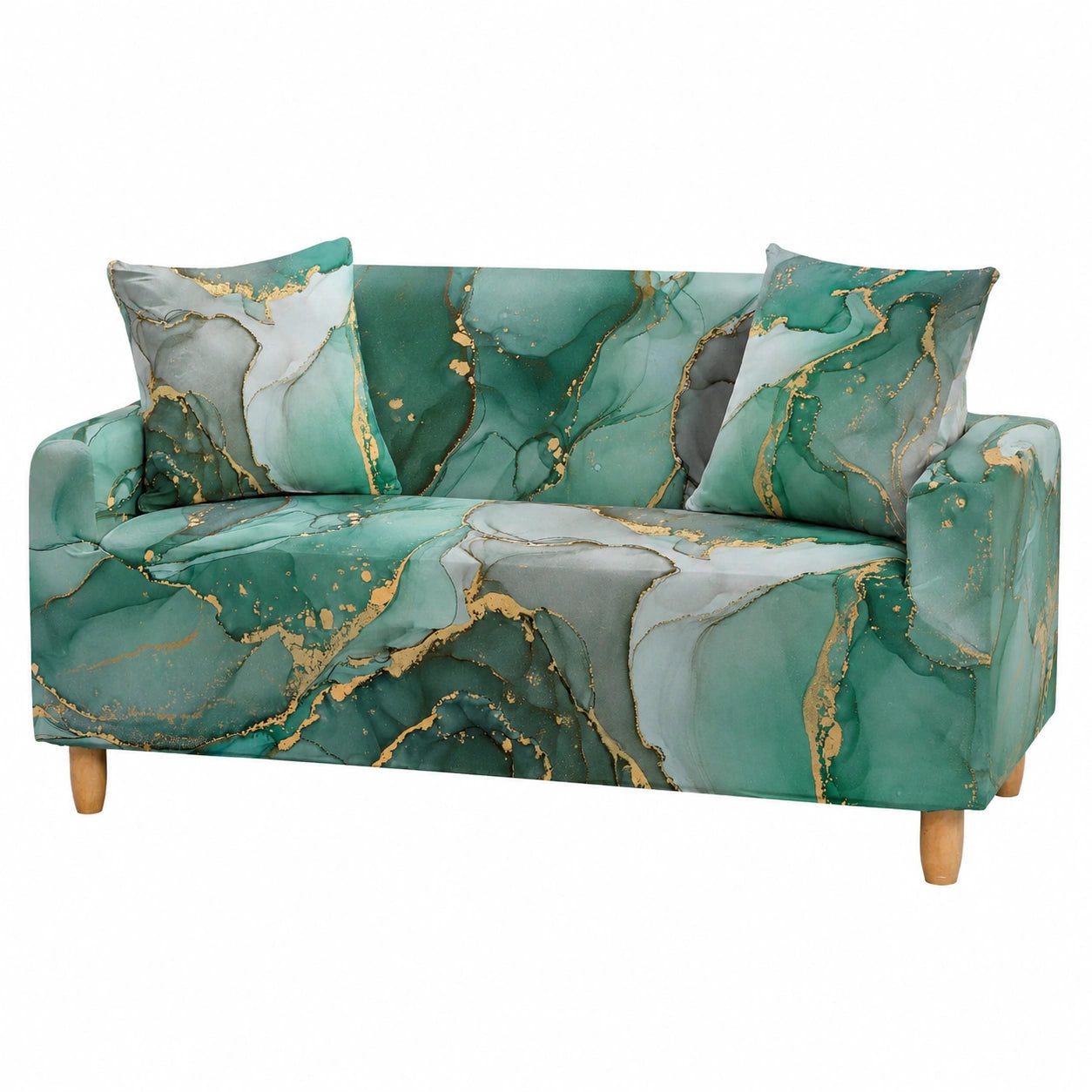 Elastischer Sofabezug in Türkis-Grau-Gold, Abnehmbar und Waschbar, Anti-Rutsch-Schoner für 2-Sitzer Sofa
