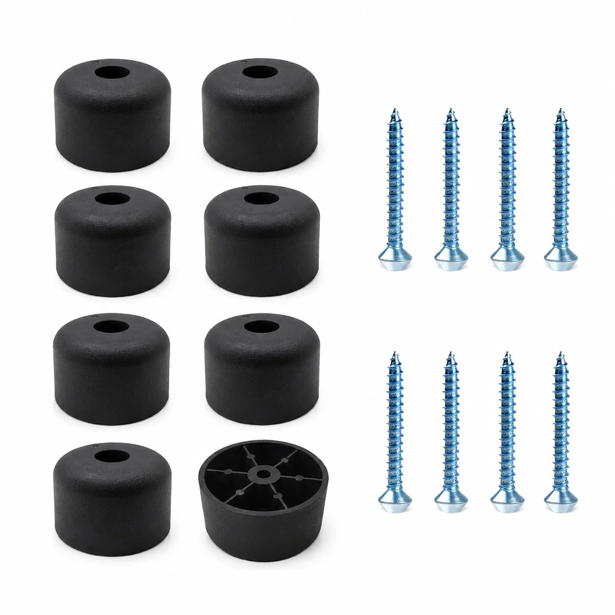 Set aus 8 schwarzen Möbelfüßen, runde Kunststoffbeine Ø 50 x H 30 mm, inklusive 8 Schrauben für Schrank, Sofa und Stuhl