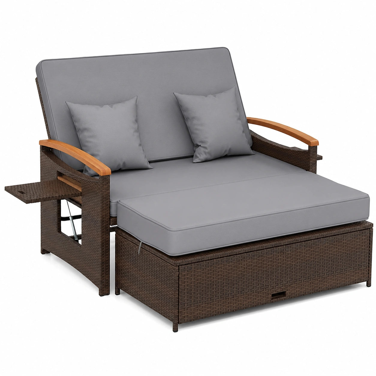 Garten Rattan Loungesofa mit Liegefunktion und Stauraum, Outdoor Sofa für Kleinen Balkon, Doppel-Liege für 2 Personen