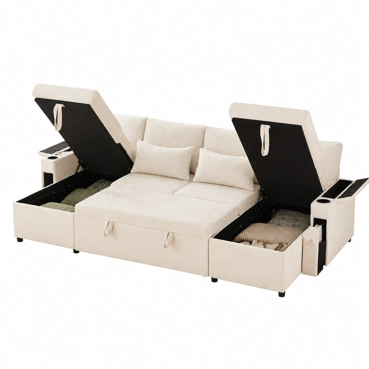 Modulares Ecksofa mit integriertem Stauraum und Regal, Beige, 272x131x84 cm