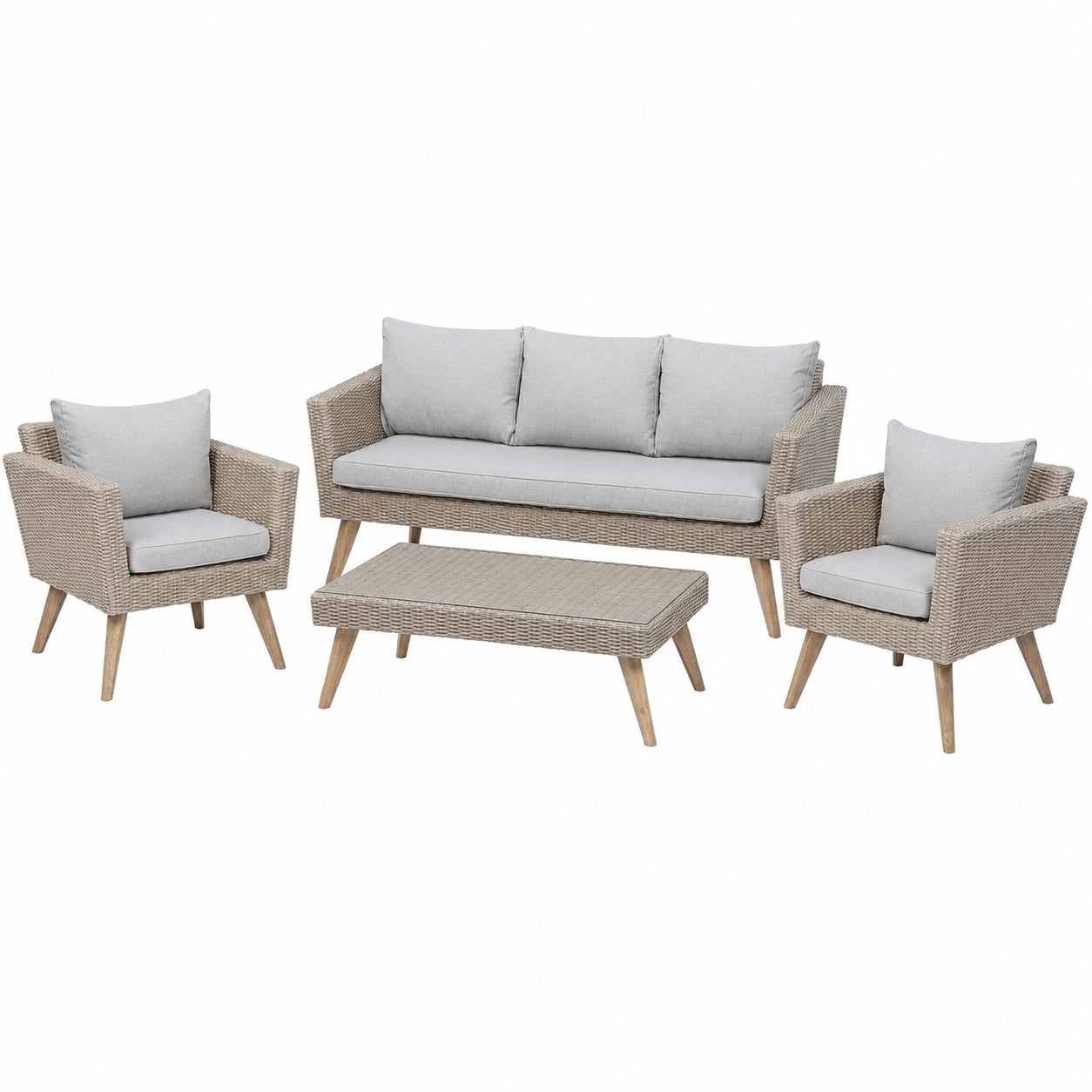 Moderne 5-Sitzer Rattan-Lounge in Braun mit Grauen Kissen - 4-teiliges Set