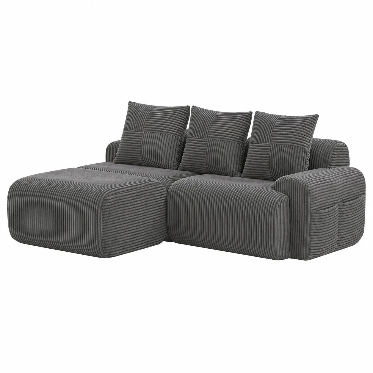 Modernes Modularsofa in L-Form mit Fußstütze, Cord-Design, Zwei-Sitzer, Dunkelgrau, Montagefrei