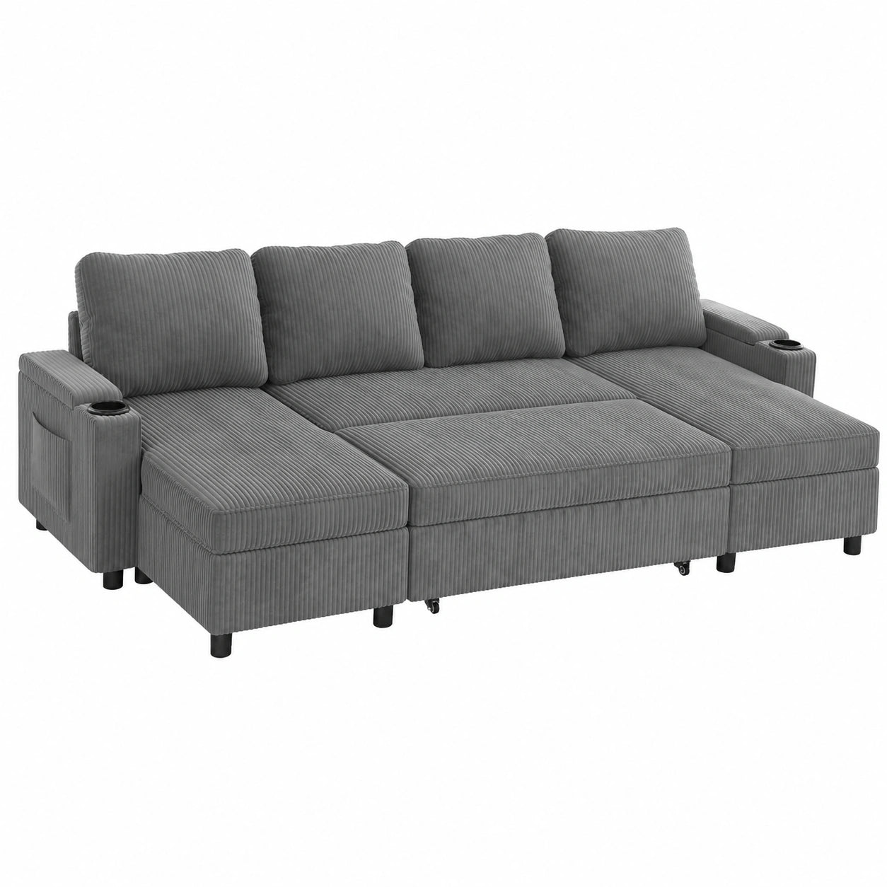 Verstellbares Ecksofa mit Bettkasten, ausziehbares Schlafsofa in U-Form, 4-Sitzer, Leinenstoff, Grau, ideal für Wohn- und Schlafzimmer