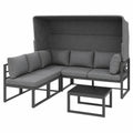 Wetterfestes Garten-Loungesessel-Set, 4-teilig: Sessel, Hocker, Tisch mit Markise, graue Terrassenmöbel inklusive Kissen