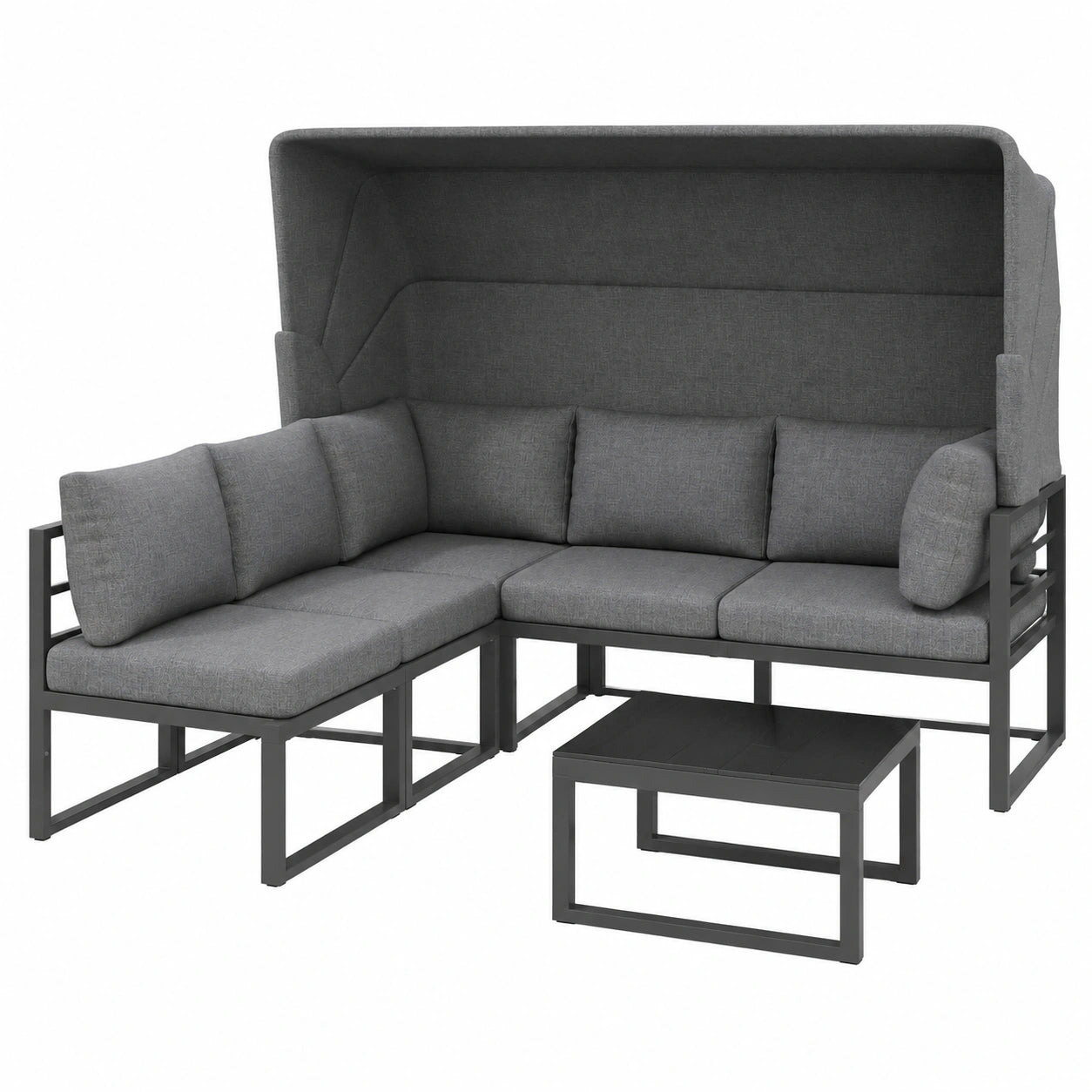 Wetterfestes Garten-Loungesessel-Set, 4-teilig: Sessel, Hocker, Tisch mit Markise, graue Terrassenmöbel inklusive Kissen